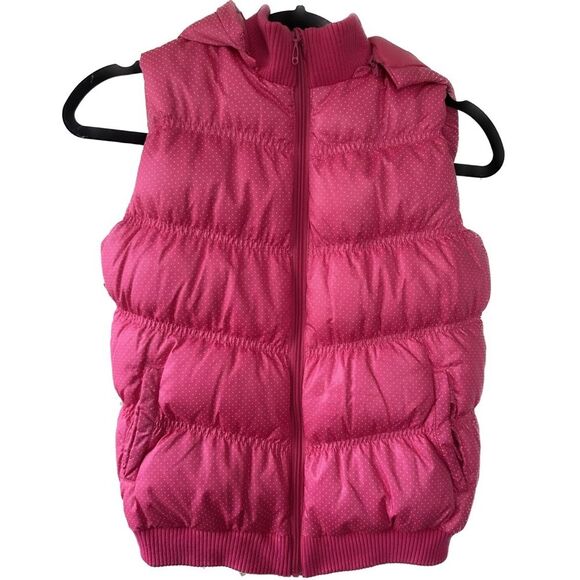 Chickeeduck Girls Pink Polka Dot Removable Hoodie Puffer Zip Up Vest Pockets - Picture 1 of 9
